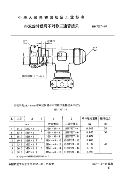 HB 7527-1997带双旋转螺母不对称三通管接头
