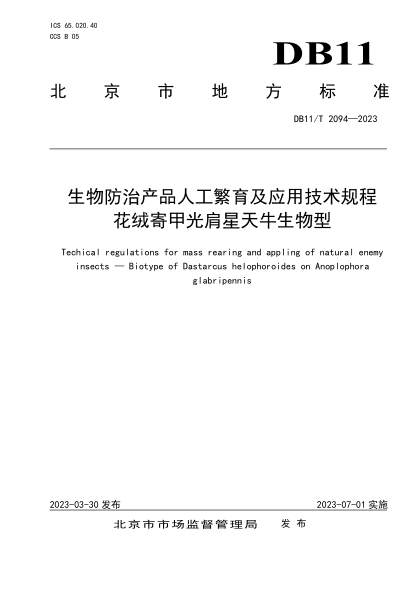 DB11/T 2094-2023 生物防治产品人工繁育及应用技术规程 花绒寄甲光肩星天牛生物型