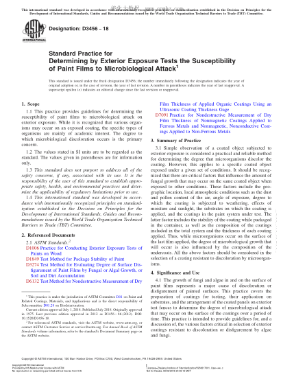 ASTM D3456-2018 Standard Practice for Determining by Exterior Exposure Tests the Susceptibility of Paint Films to Microbiological Attack