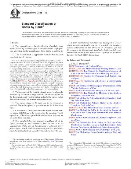 ASTM D388-2019 Standard Classification of Coals by Rank