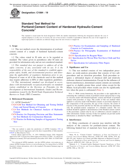 ASTM C1084-2019 Standard Test Method for Portland-Cement Content of Hardened Hydraulic-Cement Concrete