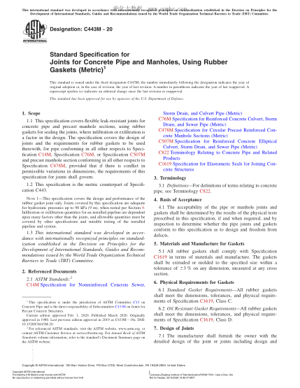 ASTM C443M-2020 Standard Specification for Joints for Concrete Pipe and Manholes, Using Rubber Gaskets (Metric)