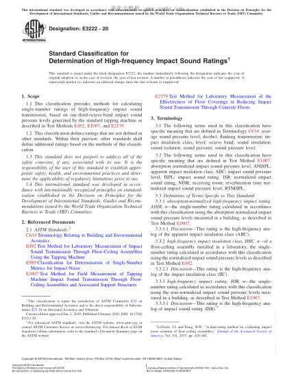 ASTM E3222-2020 Standard Classification for Determination of High-frequency Impact Sound Ratings