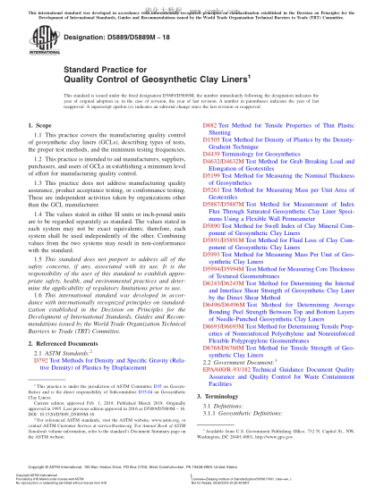 ASTM D5889/D5889M-2018 土工合成材料粘土衬里质量控制规程 Standard Practice for Quality Control of Geosynthetic Clay Liners