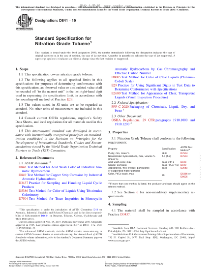 ASTM D841-2019 Standard Specification for Nitration Grade Toluene