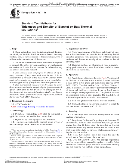 ASTM C167-2018 Standard Test Methods for Thickness and Density of Blanket or Batt Thermal Insulations