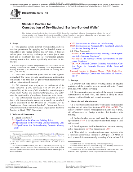 ASTM C946-2018 Standard Practice for Construction of Dry-Stacked, Surface-Bonded Walls