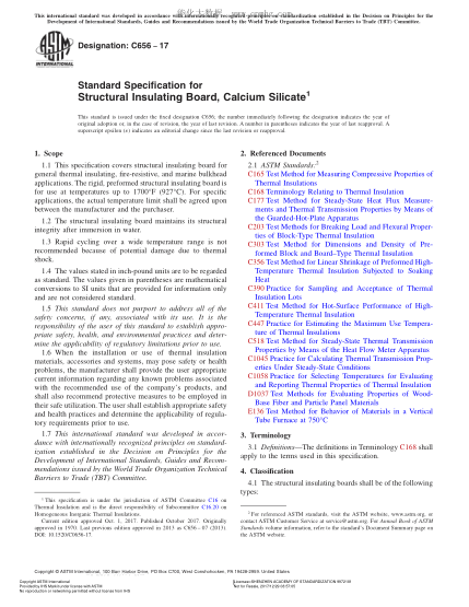 ASTM C656-2017 建筑保温用硅酸钙板规格 Standard Specification for Structural Insulating Board,Calcium Silicate