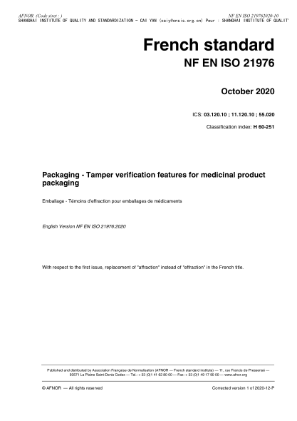 NF EN ISO 21976-2020 Packaging - Tamper verification features for medicinal product packaging