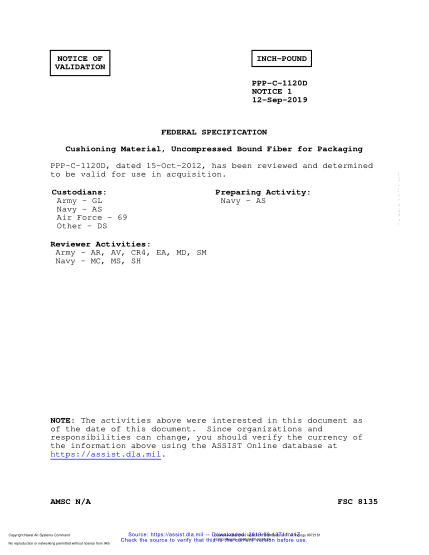 NAVY PPP-C-1120D VALID NOTICE 1-2019 Cushioning Material, Uncompressed Bound Fiber For Packaging