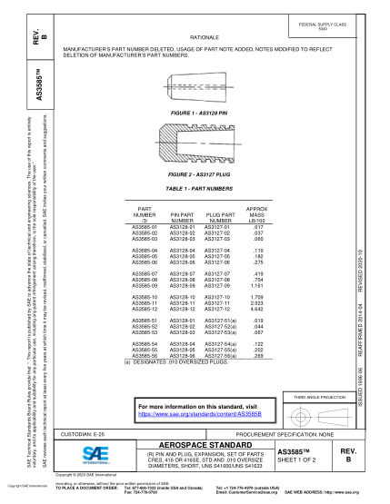 SAE AS3585B-2020 (R) Pin And Plug, Expansion, Set Of Parts Cres, 416 Or 416Se, Std And .010 Oversize Diameters, Short, Uns S41600/Uns S41623