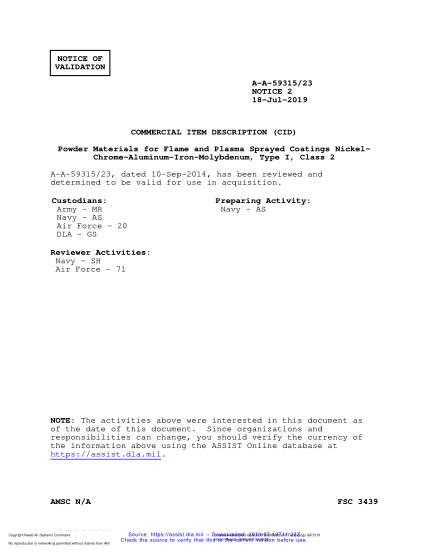NAVY A-A-59315/23 VALID NOTICE 2-2019 Powder Materials For Flame And Plasma Sprayed Coatings Nickel-Chrome-Aluminum-Iron-Molybdenum, Type I, Class 2