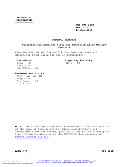 NAVY FED-STD-245E VALID NOTICE 2-2019 Tolerance For Aluminum Alloy And Magnesium Alloy Wrought Products