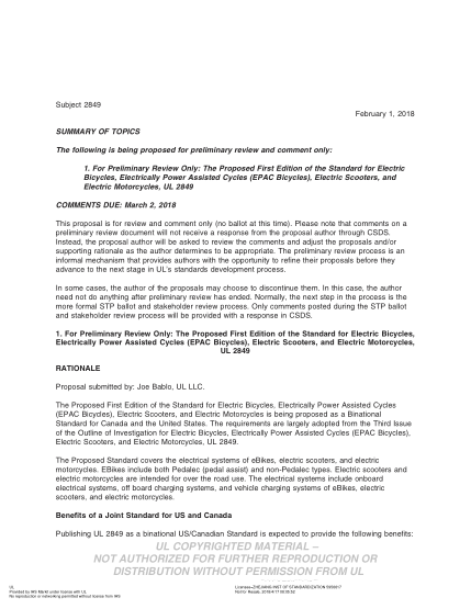 UL 2849 BULLETIN-2018 Ul Outline Of Investigation For Cycles – Electrically Power Assisted Cycles – Epac Bicycles (Comments Due: March 2, 2018)