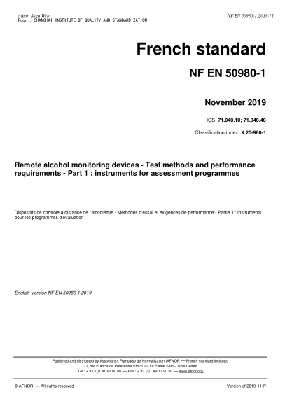 NF X20-980-1-2019 Remote alcohol monitoring devices - Test methods and performance requirements - Part 1 : instruments for assessment programmes