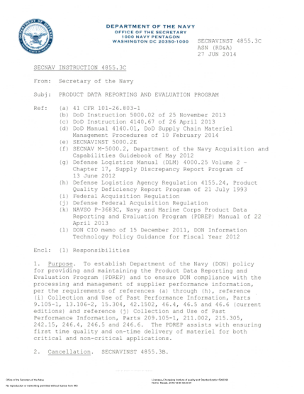 NIDS SECNAV 4855.3C-2014 (Asn (Rd&A)) Product Data Reporting And Evaluation Program