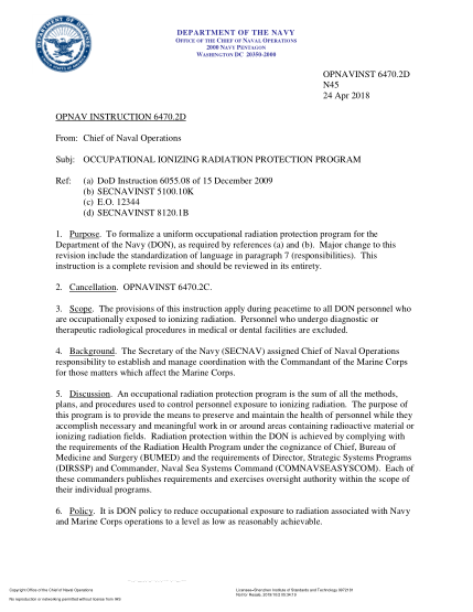 NIDS OPNAV 6470.2D-2018 (N45) Occupational Ionizing Radiation Protection Program