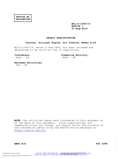 NAVY MIL-S-19557/6 VALID NOTICE 1-2019 Starter, Aircraft Engine, Air Turbine, Model A-24