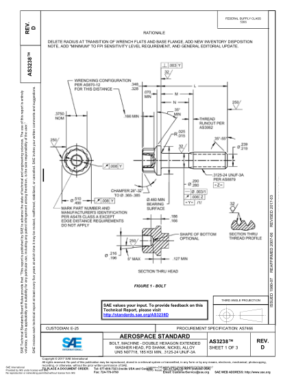 SAE AS3238D-2017 Bolt,Machine - Double Hexagon Extended Washer Head,Pd Shank,Nickel Alloy Uns N07718,185 Ksi Min,.3125-24 Unjf-3A