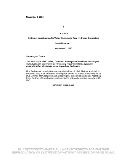 UL 2264A-2020 Ul Outline Of Investigation For Water Electrolysis Type Hydrogen Generators (Issue 1)