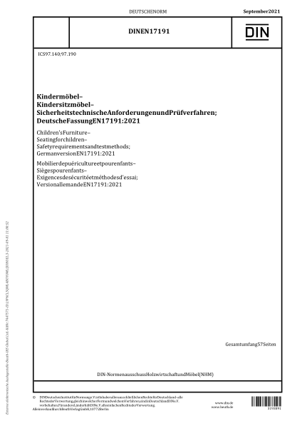 DIN EN 17191-2021Children's Furniture - Seating for children - Safety requirements and test methods; German version EN 17191:2021