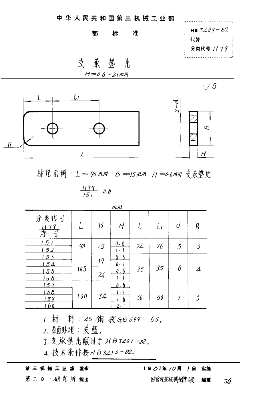 HB 3409-1982支承垫片 H＝0.6~2.1mm
