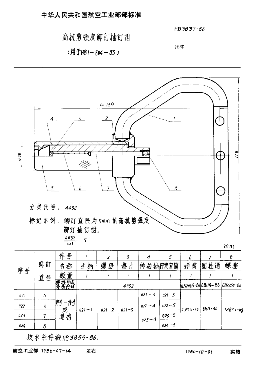 HB 3837-1986高抗剪强度铆钉抽钉钳 （用于ＨＢ １－６０４－８３）
