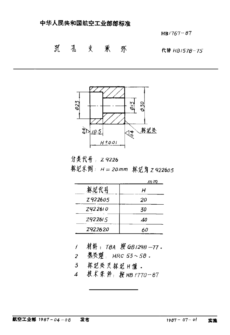 HB 1767-1987沉孔支承环