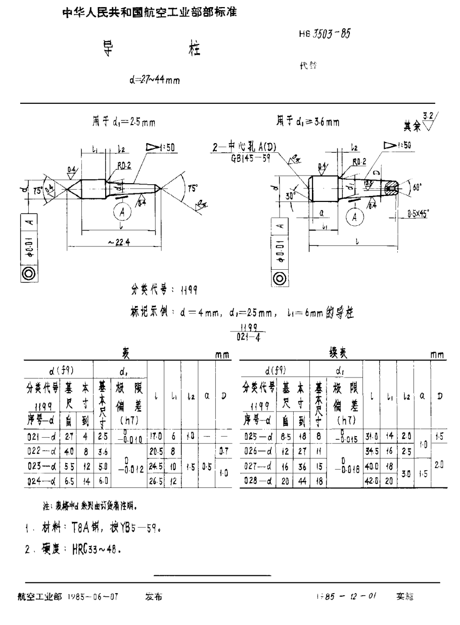 HB 3503-1985导柱 d＝2.7~44mm