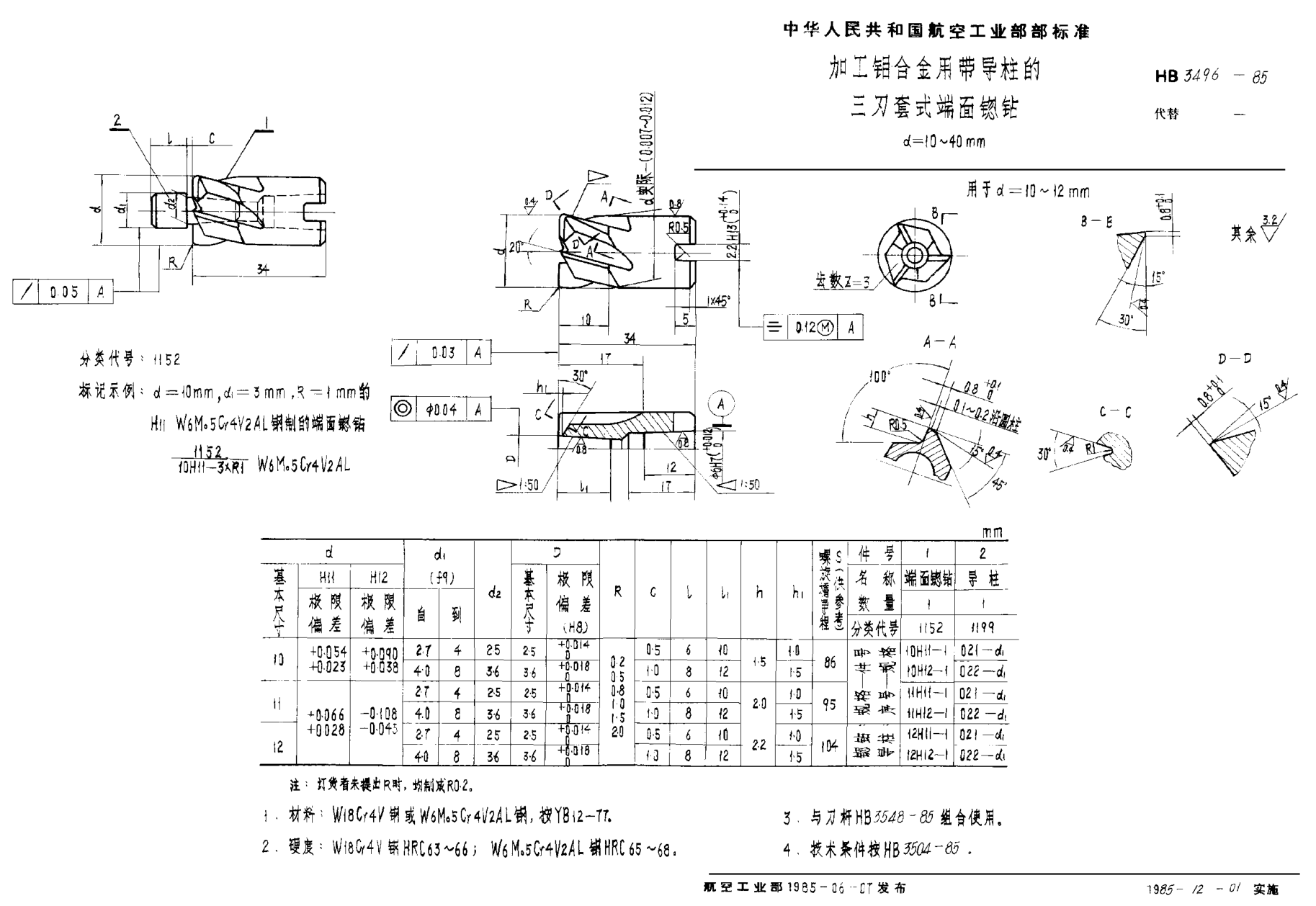 HB 3496-1985加工铝合金用带导柱的三刃套式端面锪钻 d＝10~40mm
