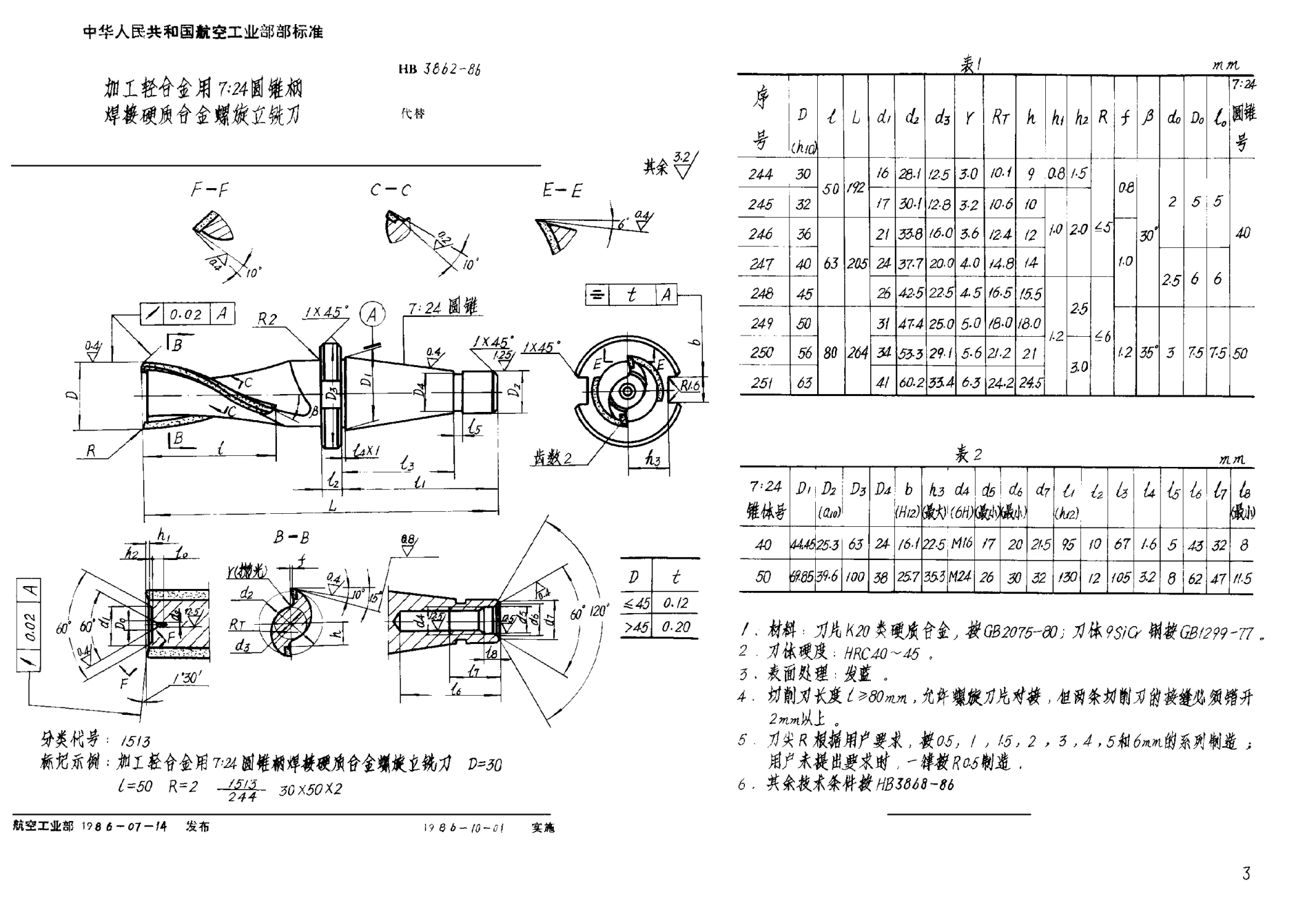 HB 3862-1986加工轻合金用７∶２４圆锥柄焊接硬质合金螺旋立铣刀