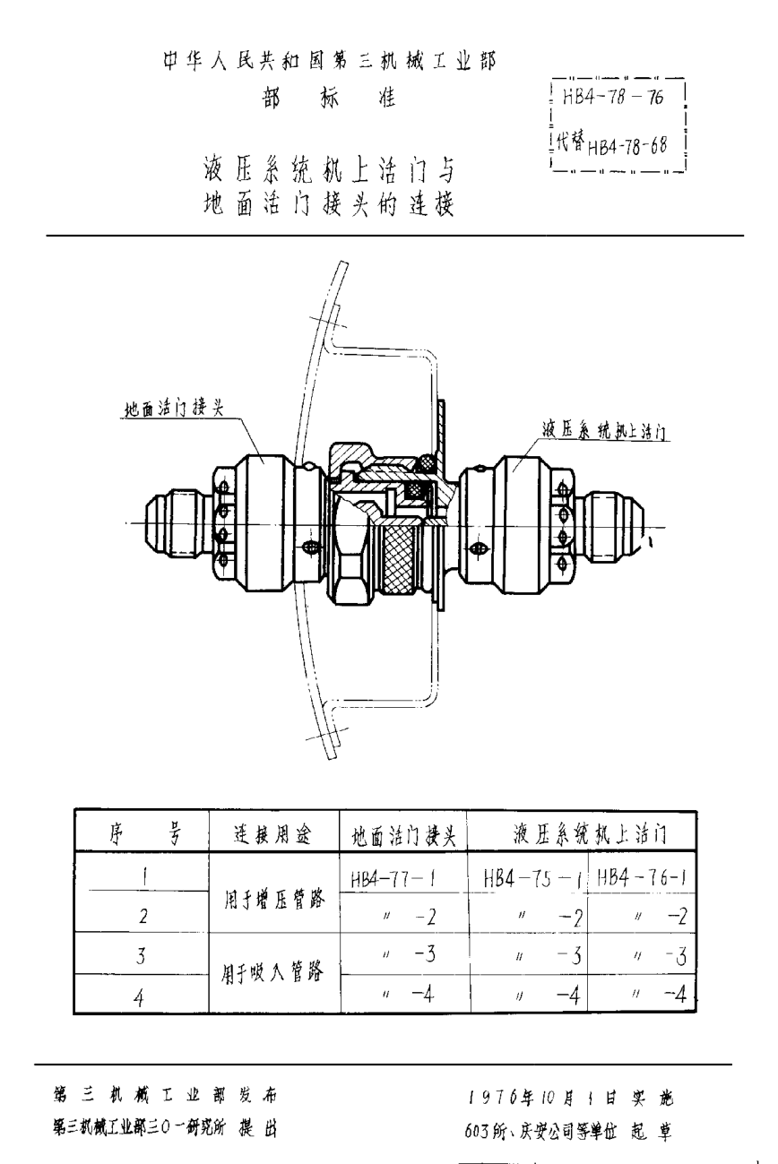 HB 4-78-1976液压系统机上活门与地面活门接头的连接