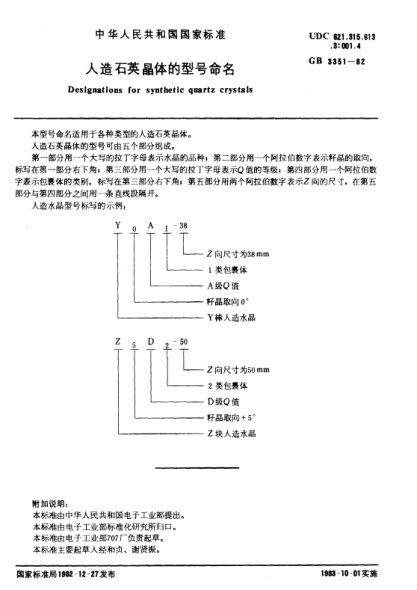 GB/T 3351-1982人造石英晶体的型号命名Designations for synthetic quartz crystals