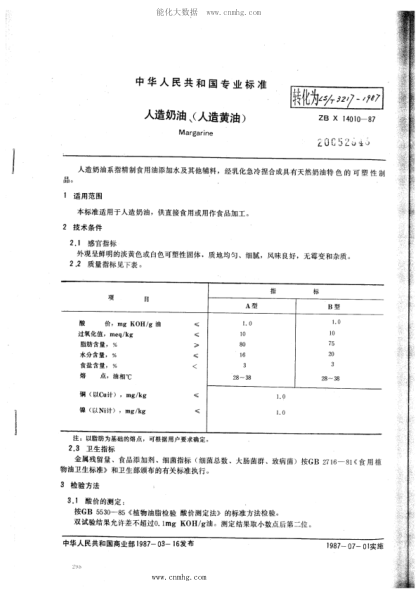 LS/T 3217-1987 人造奶油、(人造黄油)