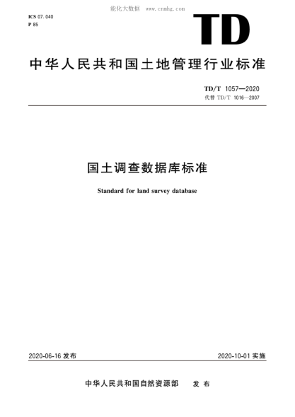 TD/T 1057-2020 国土调查数据库raybet雷电竞电竞app下载地址