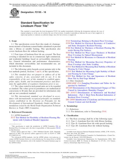 ASTM F2195-2018  Standard Specification for Linoleum Floor Tile