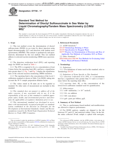 ASTM D7730-2017 用气相色谱/串联质谱法（LC/MS/MS）测定海水中琥珀酸二辛酯磺酸盐的试验方法 Standard Test Method for Determination of Dioctyl Sulfosuccinate in Sea Water by Liquid Chromatography/Tandem Mass Spectrometry (LC/MS/MS)