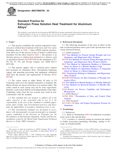 ASTM B807/B807M-2020 Standard Practice for Extrusion Press Solution Heat Treatment for Aluminum Alloys