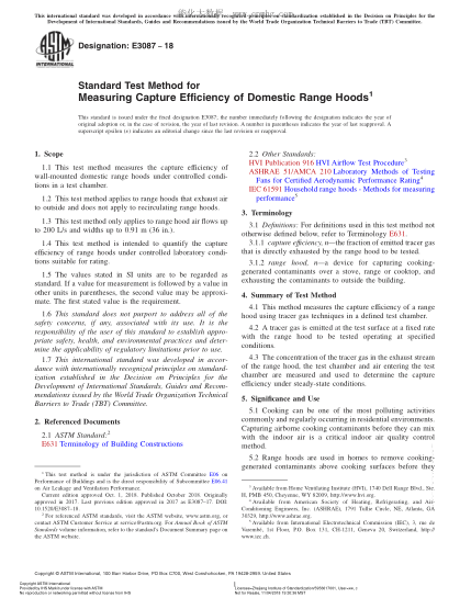 ASTM E3087-2018  Standard Test Method for Measuring Capture Efficiency of Domestic Range Hoods