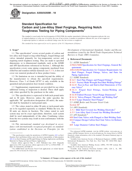 ASTM A350/A350M-2018  Standard Specification for Carbon and Low-Alloy Steel Forgings,Requiring Notch Toughness Testing for Piping Components