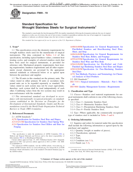ASTM F899-2019 外科器械用锻制不锈钢的规格 Standard Specification for Wrought Stainless Steels for Surgical Instruments