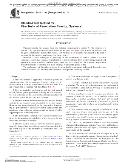 ASTM E814-2013a(2017) 贯穿部阻火系统燃烧试验方法 Standard Test Method for Fire Tests of Penetration Firestop Systems