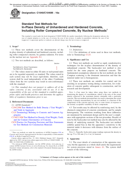 ASTM C1040/C1040M-2016a 用核法现场测定包括辊子捣实混凝土在内的硬化与非硬化混凝土密度的试验方法 Standard Test Methods for  In-Place Density of Unhardened and Hardened Concrete, Including  Roller Compacted Concrete, By Nuclear Methods