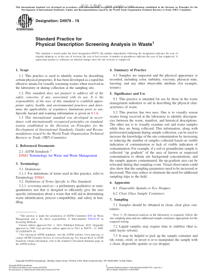 ASTM D4979-2019 废物筛析的物理描述方法 Standard Practice for Physical Description Screening Analysis in Waste