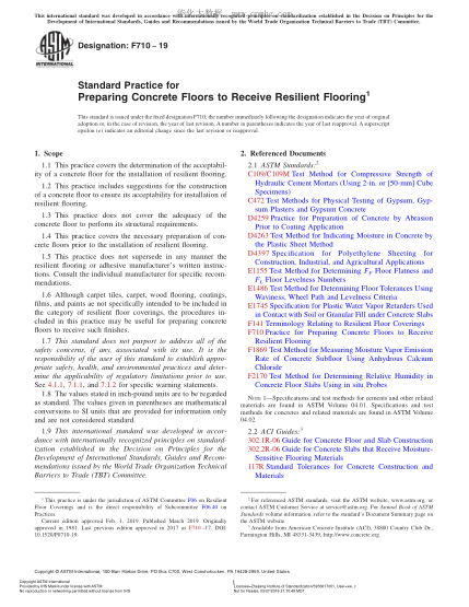 ASTM F710-2019 准备混凝土地面以便安装弹性地板的规程 Standard Practice for Preparing Concrete Floors to Receive Resilient Flooring