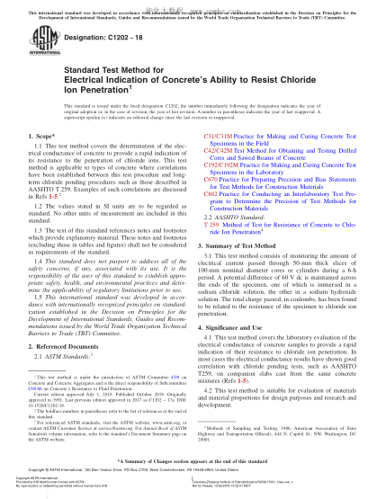 ASTM C1202-2018  Standard Test Method for Electrical Indication of Concrete's Ability to Resist Chloride Ion Penetration