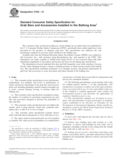 ASTM F446-2019 沐浴区安装的扶手杆和辅助装置的消费者安全规格 Standard Consumer Safety Specification for Grab Bars and Accessories Installed in the Bathing Area