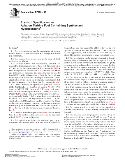 ASTM D7566-2018 含合成烃的航空涡轮燃料的规格 Standard Specification for Aviation Turbine Fuel Containing Synthesized Hydrocarbons