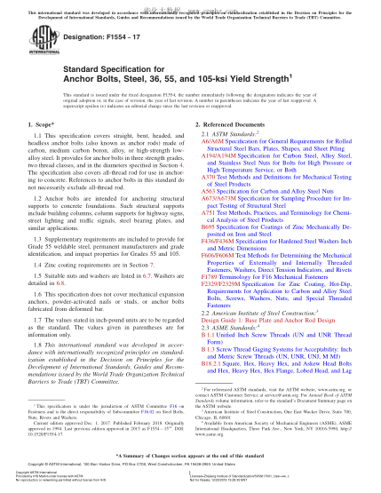 ASTM F1554-2017 屈服强度为36、55和105-ksi的钢制锚固螺栓规格 Standard Specification for Anchor Bolts,Steel,36,55,and 105-ksi Yield Strength
