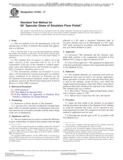 ASTM D1455-2017 乳液型地板上光剂60度镜面光泽试验方法 Standard Test Method for 60° Specular Gloss of Emulsion Floor Polish